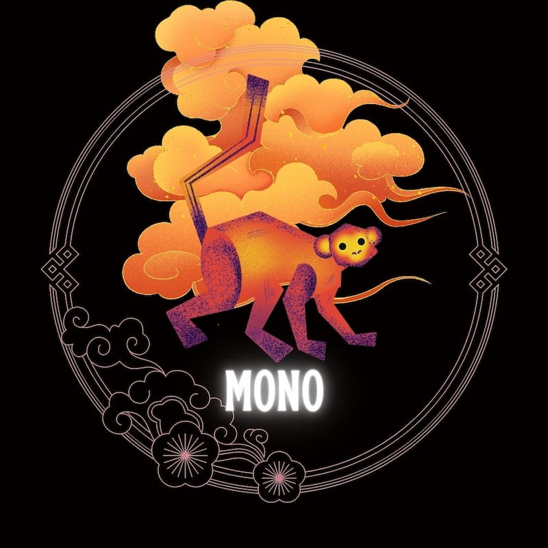 Caricatura de un mono sobre un fondo negro, con motivos decorativos orientales dorados con forma de nube y círculo, que enmarcan el signo. Abajo del dibujo aparece la palabra mono