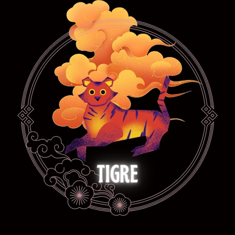 Caricatura de un tigre sobre un fondo negro, con motivos decorativos orientales dorados con forma de nube y círculo, que enmarcan el signo. Abajo del dibujo aparece la palabra tigre.