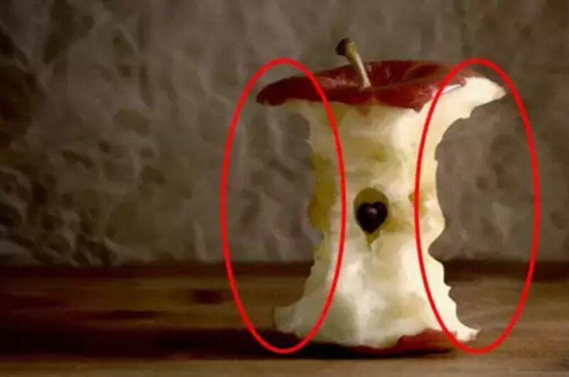 Foto del corazón de una manzana, en cuyo borde se pueden vislumbrar los perfiles de dos niños.